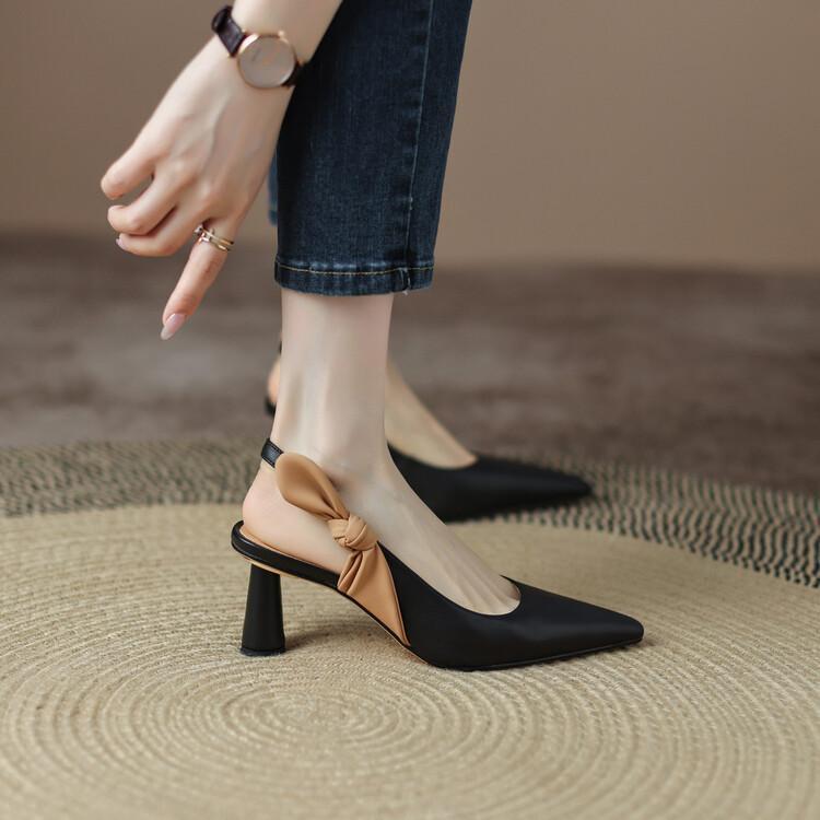 Bow Pointed French High Heel Shoes Chunky Heel Pumps