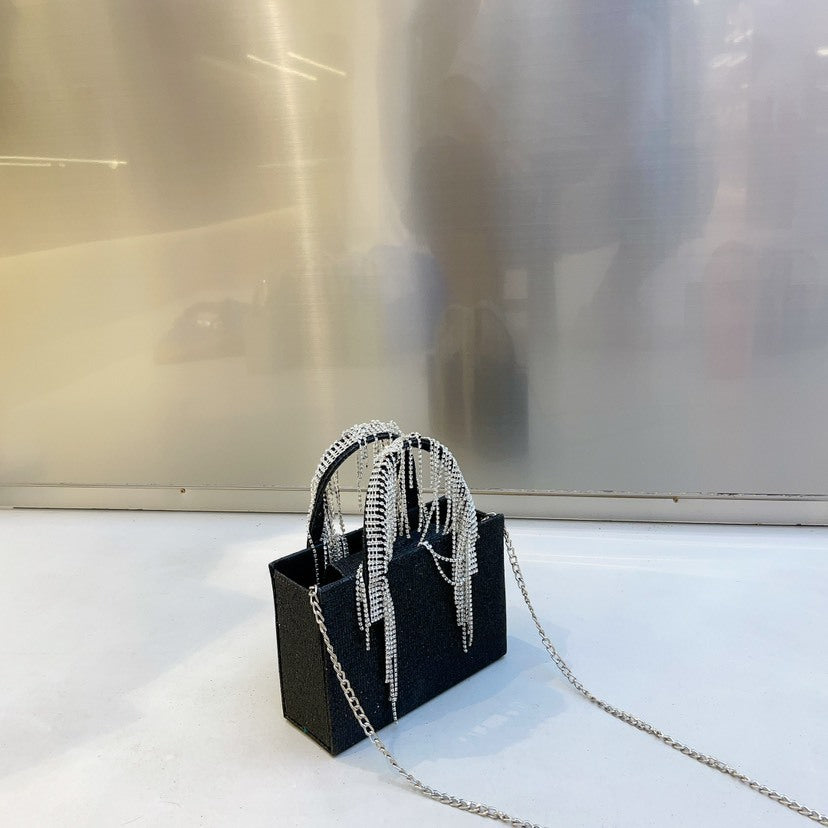 Red Rhinestone Tassel Chain Small Square Bag Fashion Portable