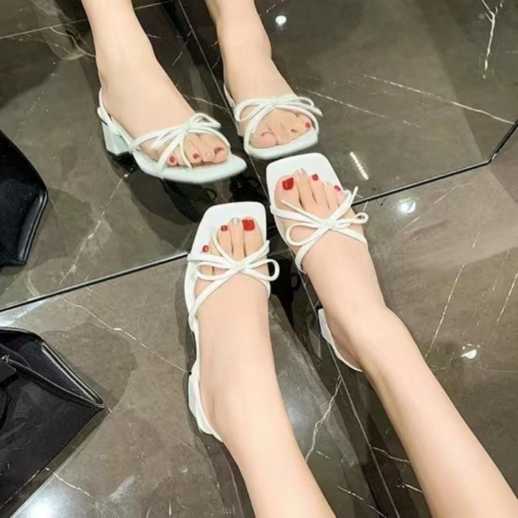 Crystal High Heels Bow Chunky Heel Roman One-suit Skirt High Heel Sandals