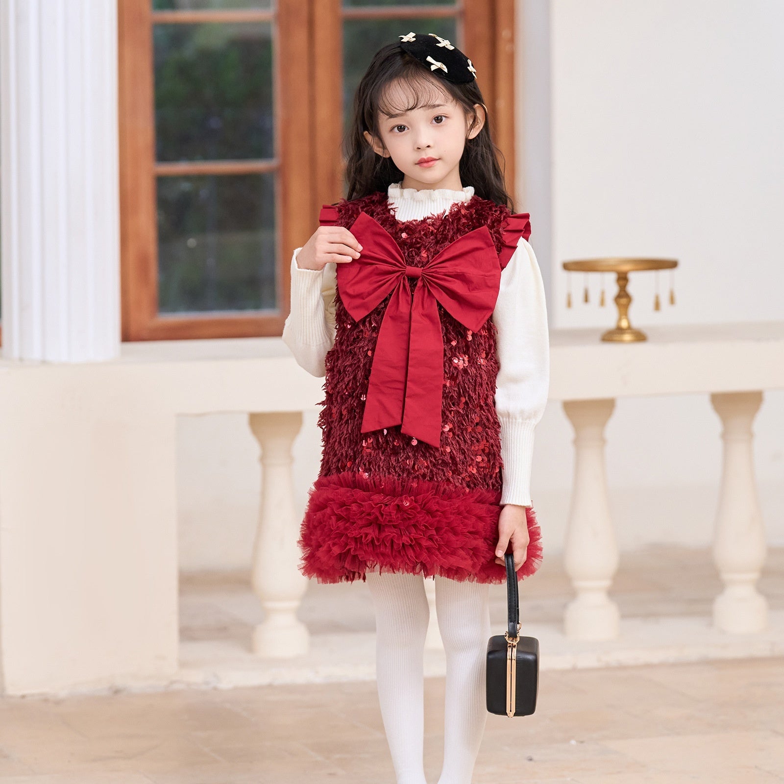 Girls' Wadding Sequined Bow Vest Dress
