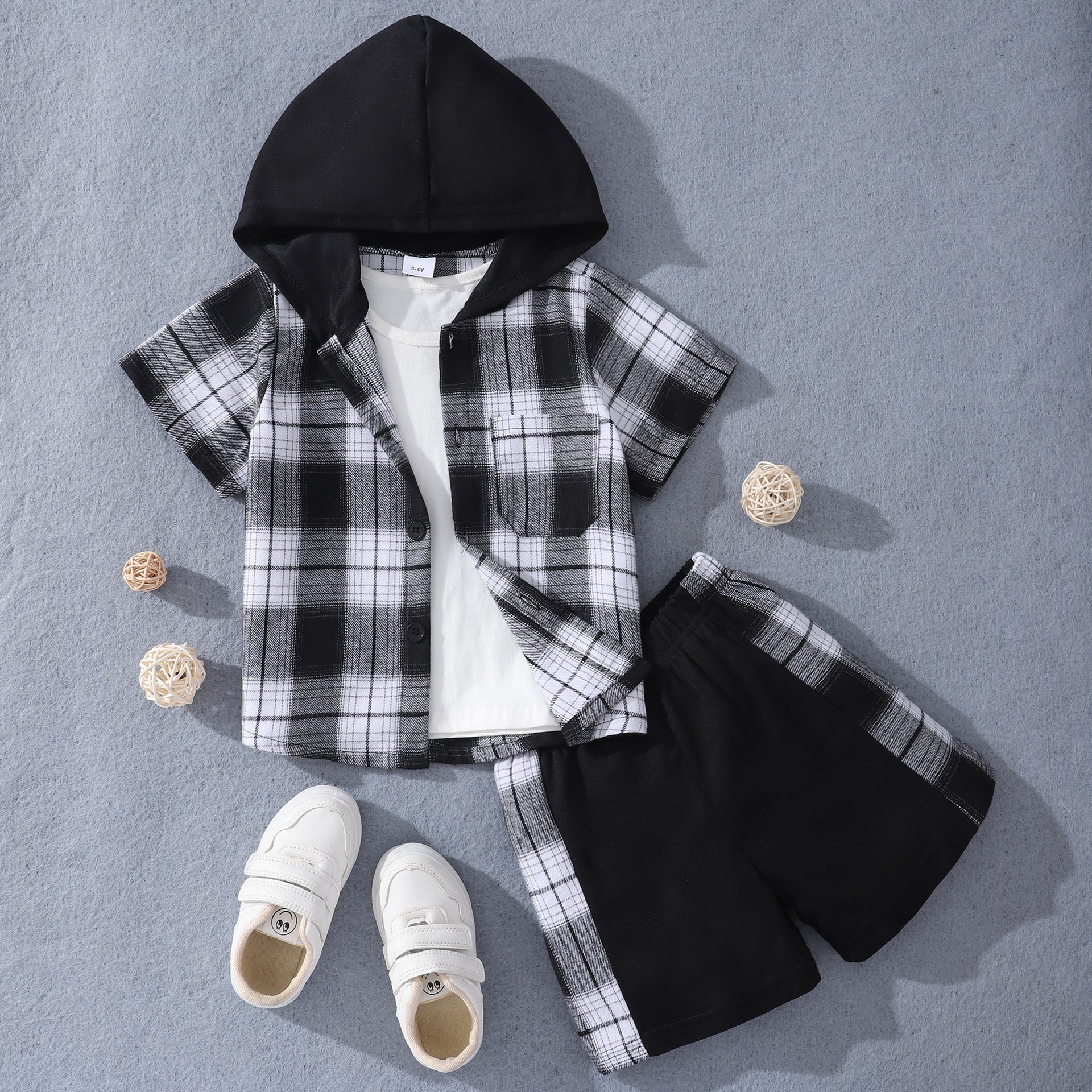 Fashion Children's Short Sleeve Hooded Plaid Suit