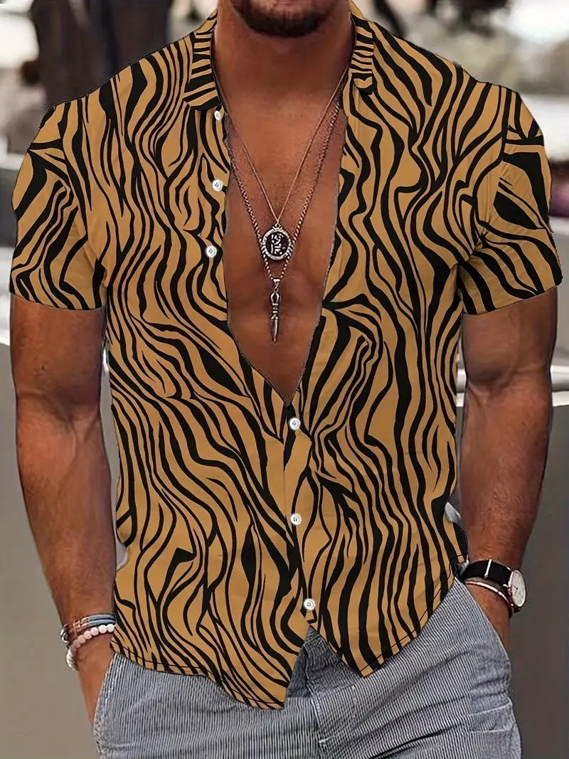 Men's New Geometric Line Style Printing Lapel Short Sleeve Shirt