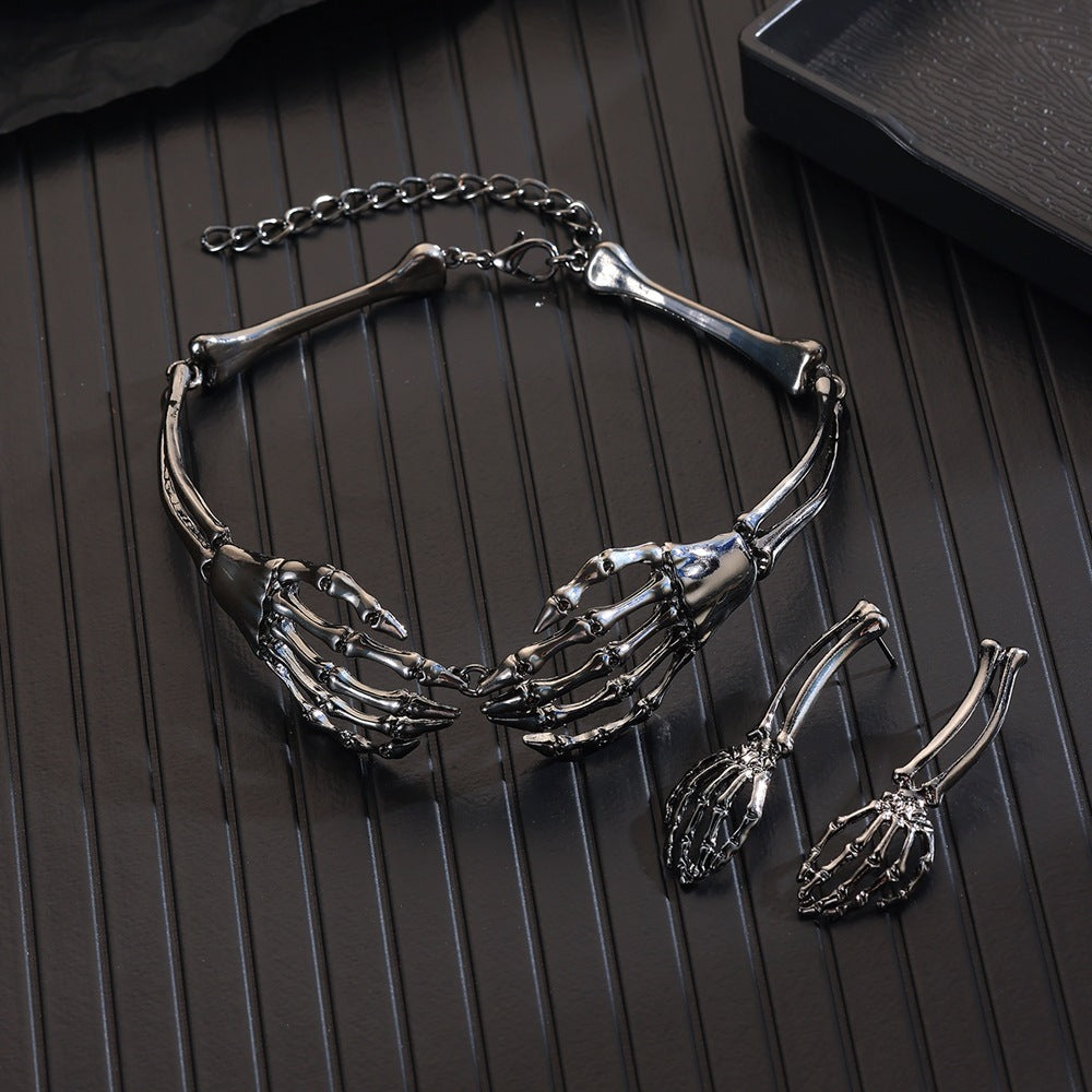 Metal Retro Bone Ghost Hand Necklace Necklace And Earrings Suite