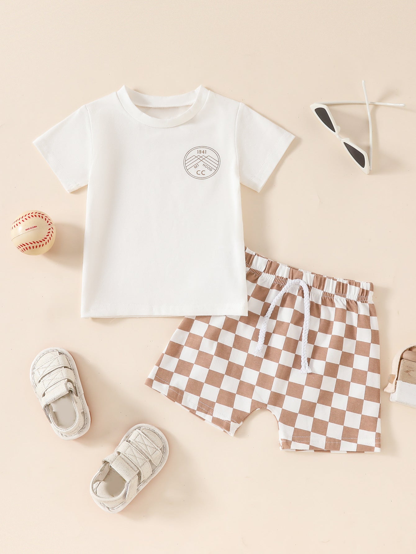 Summer Boys' And Kids' Popular Short Top Plaid Shorts Two-piece Set