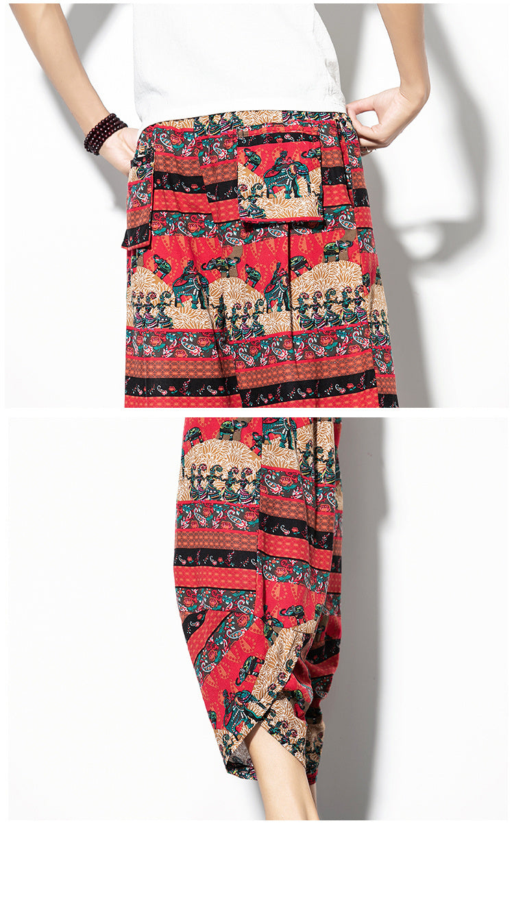 Printed Pants Baggy Cotton And Linen Loose Casual Cropped Pants