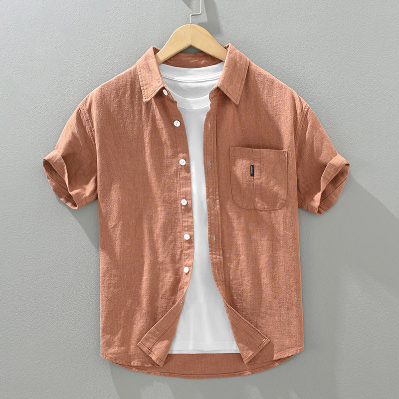Solid Color Cotton And Linen Casual Fashion Short Sleeve Shirt