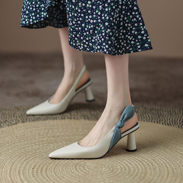 Bow Pointed French High Heel Shoes Chunky Heel Pumps