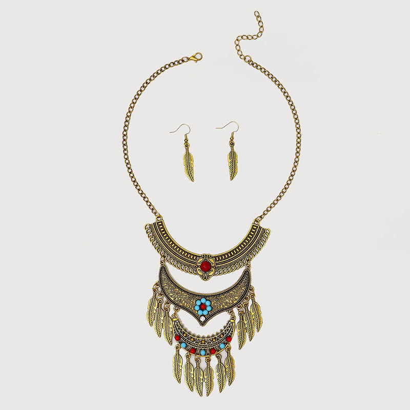 European And American Retro Multi-layer Alloy Tassel Leaves Necklace And Earrings Suite