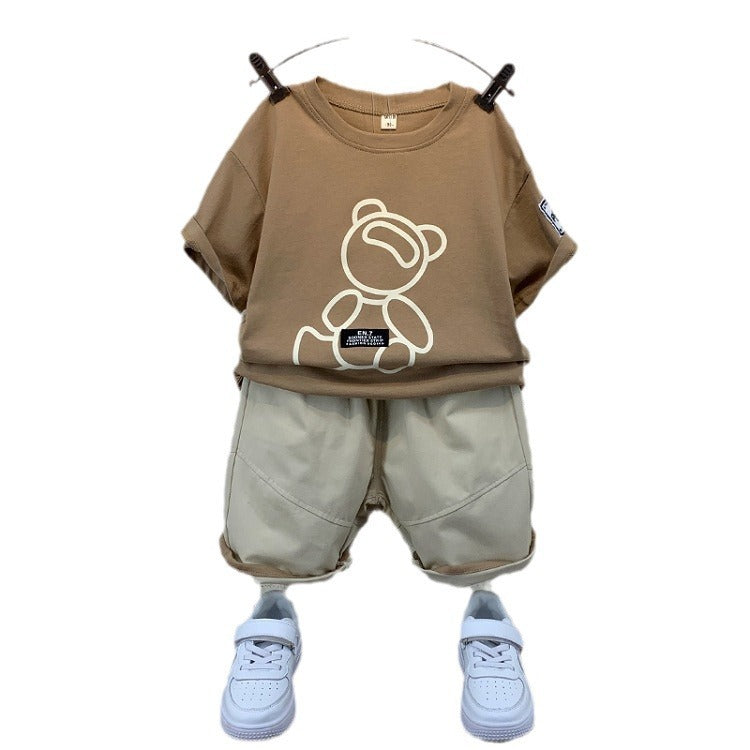 Boys And Girls Solid Color Bear Print Armband T-shirt Short Sleeve Two-piece Set
