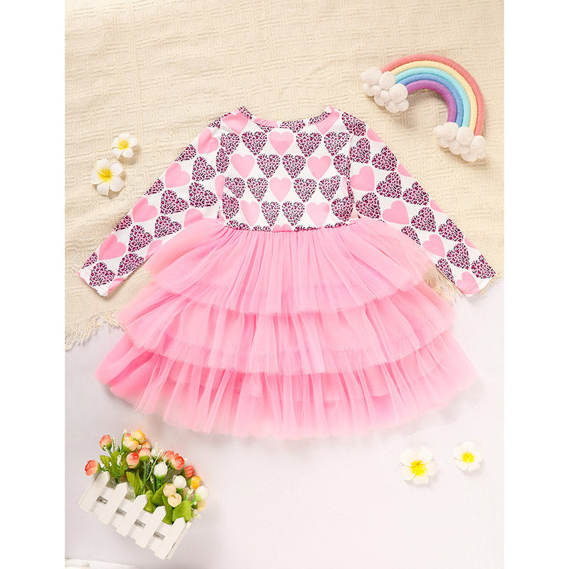 Toddler Girls Outfits Long Sleeve Graphic Heart Print Mesh Tulle Dress Valentine Birthday Party Dresses