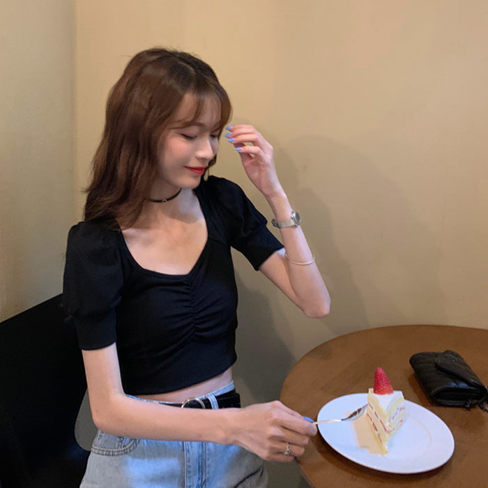 Bubble Sleeve Knitted Short Sleeve T-shirt Women''s Summer Short