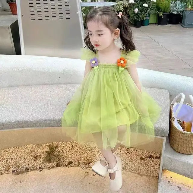 Summer Princess Girls Kids Tulle Super Fairy Dresses Rainbow Flower Party Tutu Dress Children Mesh Puffy Birthday Vestidos Cloth