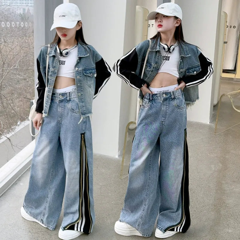 Girls denim suits new styles for middle and large children, hot girls, street style, spliced jacket and jeans two-piece suit
