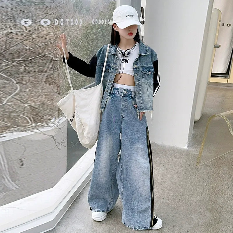 Girls denim suits new styles for middle and large children, hot girls, street style, spliced jacket and jeans two-piece suit