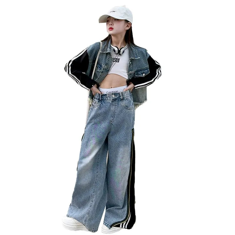 Girls denim suits new styles for middle and large children, hot girls, street style, spliced jacket and jeans two-piece suit