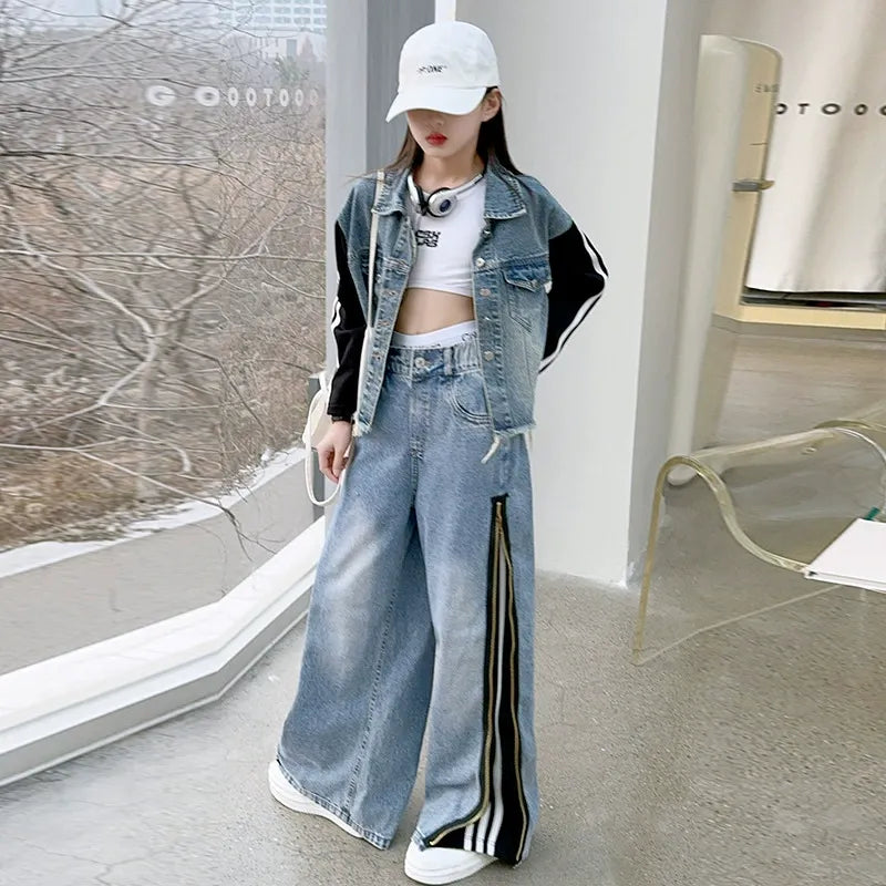 Girls denim suits new styles for middle and large children, hot girls, street style, spliced jacket and jeans two-piece suit