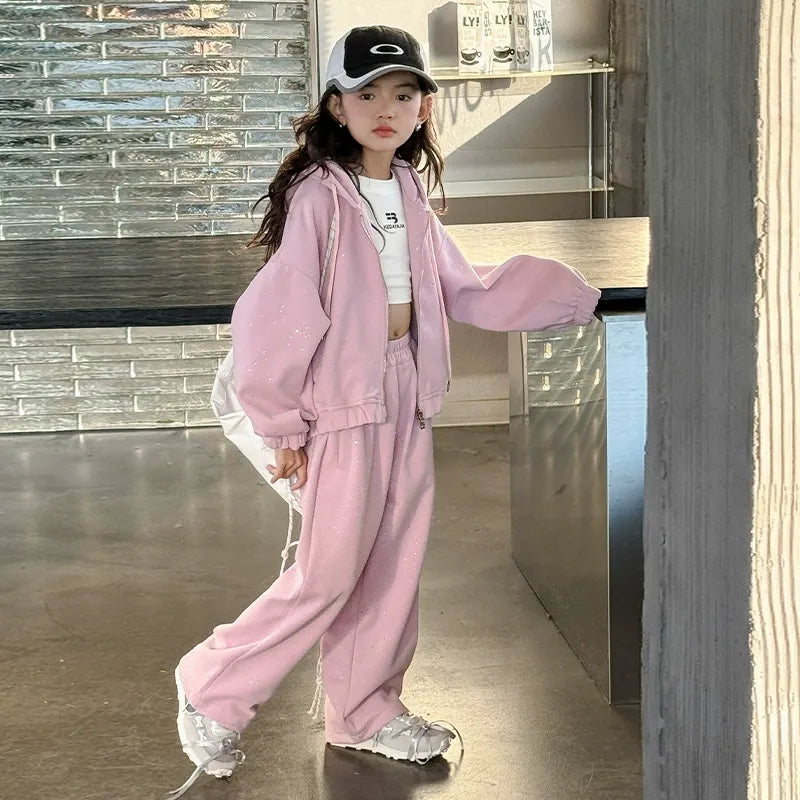 Girls' knitted style, fashionable hooded sweatshirt, internet celebrity fashion, sports and leisure two-piece suit