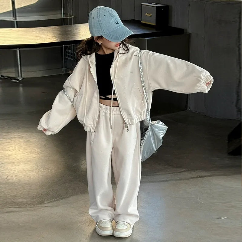 Girls' knitted style, fashionable hooded sweatshirt, internet celebrity fashion, sports and leisure two-piece suit