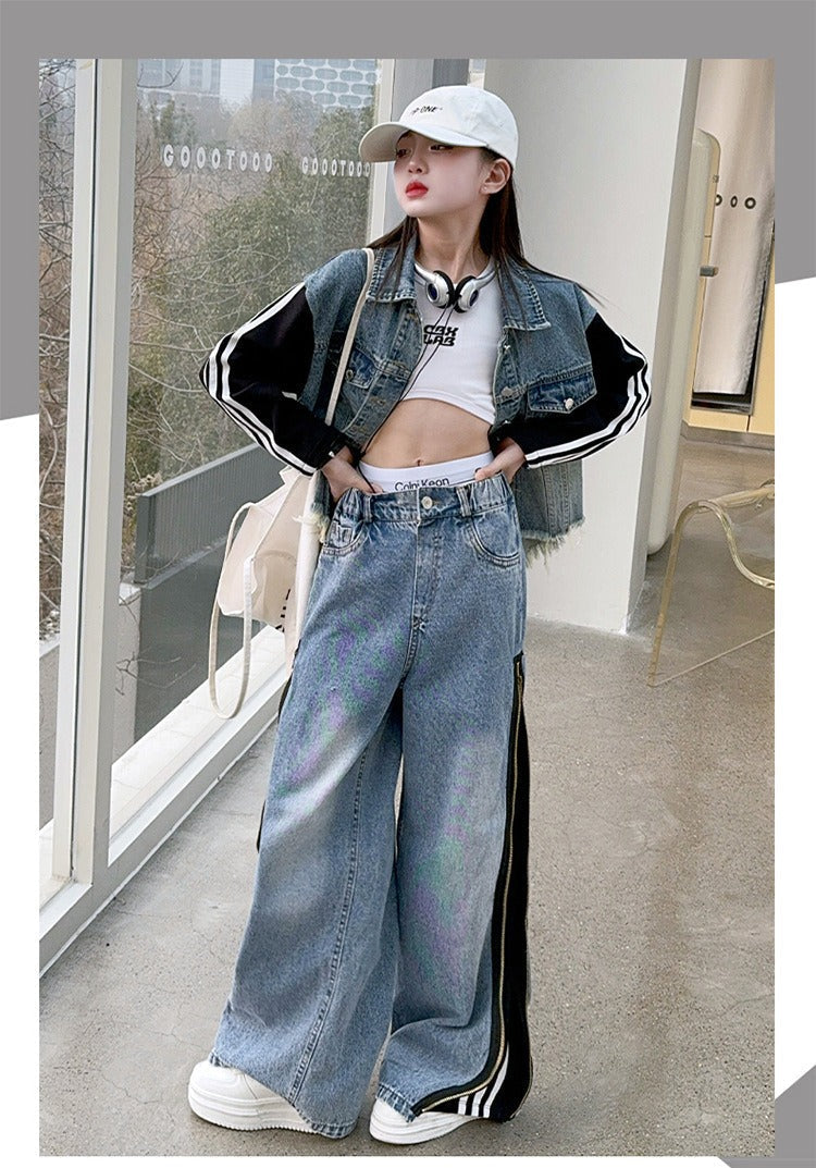 Girls denim suits new styles for middle and large children, hot girls, street style, spliced jacket and jeans two-piece suit