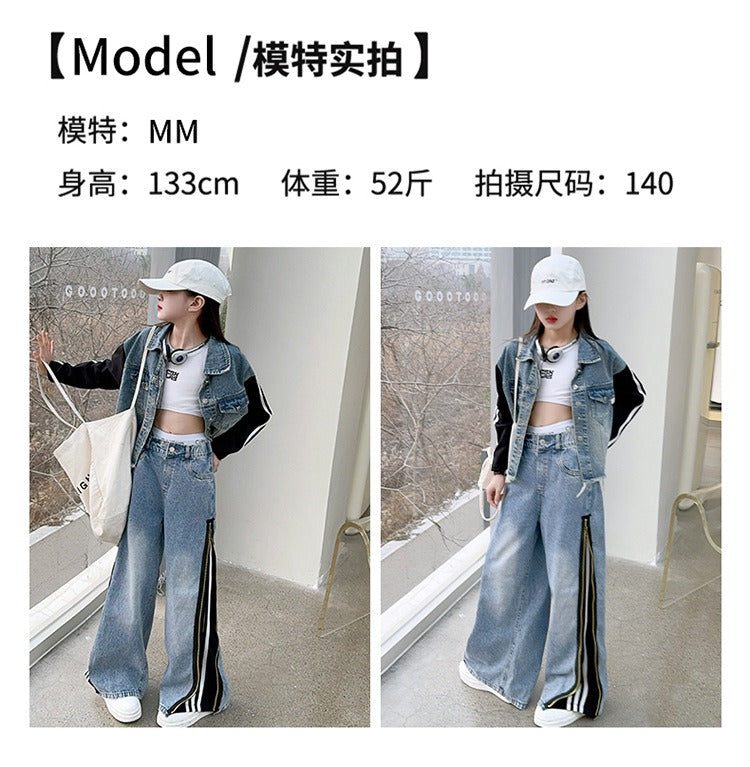 Girls denim suits new styles for middle and large children, hot girls, street style, spliced jacket and jeans two-piece suit