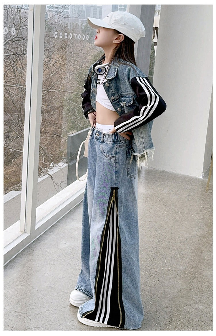 Girls denim suits new styles for middle and large children, hot girls, street style, spliced jacket and jeans two-piece suit