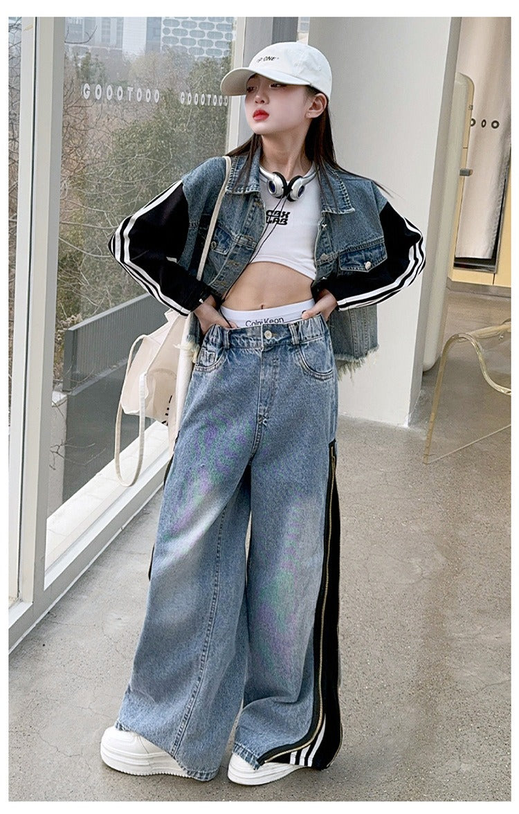 Girls denim suits new styles for middle and large children, hot girls, street style, spliced jacket and jeans two-piece suit