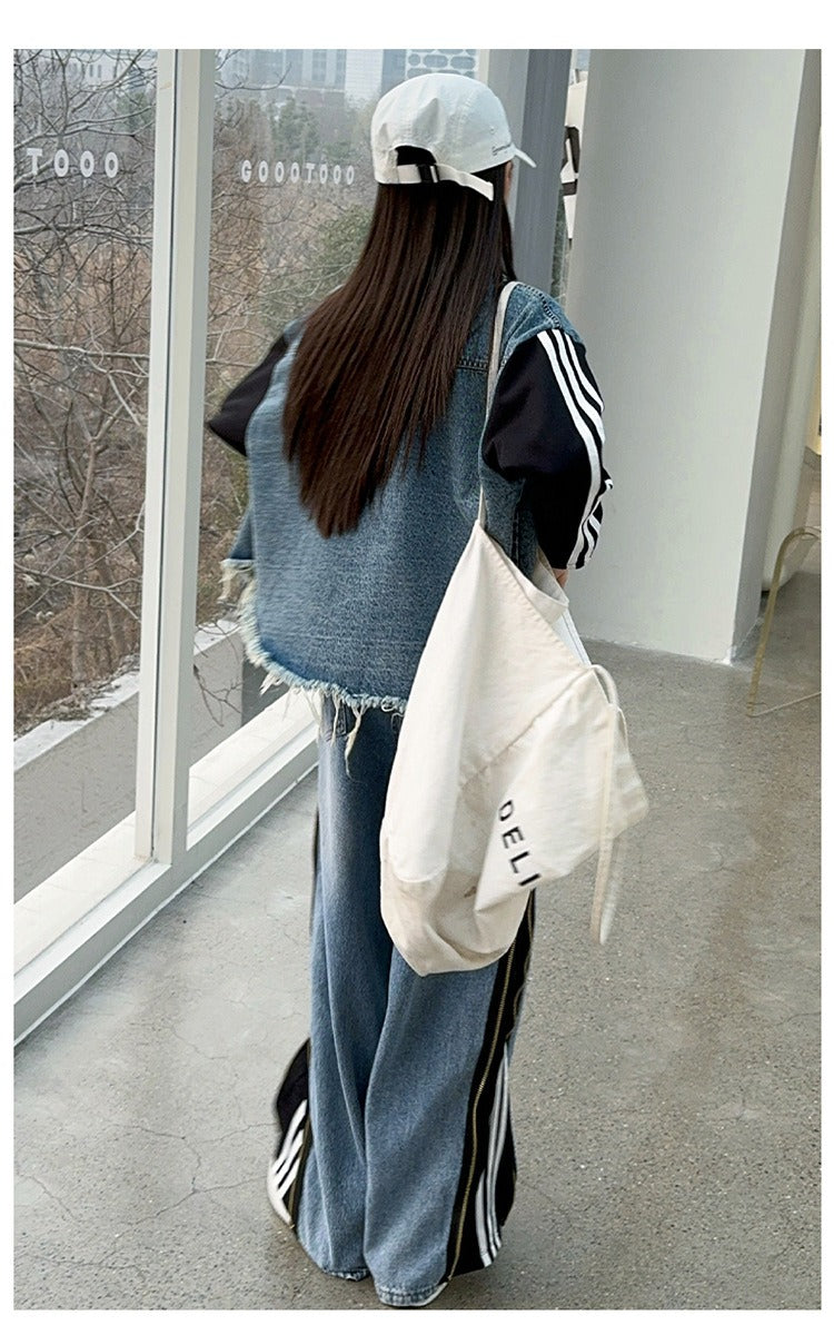 Girls denim suits new styles for middle and large children, hot girls, street style, spliced jacket and jeans two-piece suit