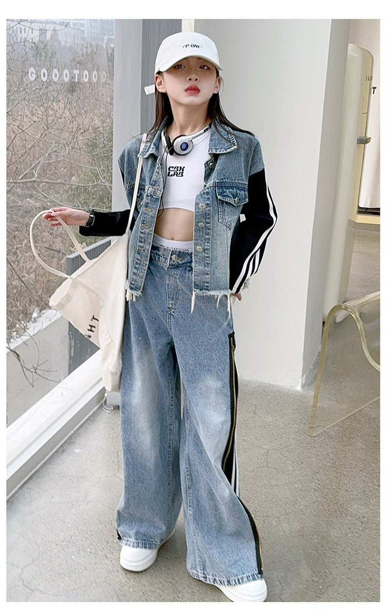 Girls denim suits new styles for middle and large children, hot girls, street style, spliced jacket and jeans two-piece suit