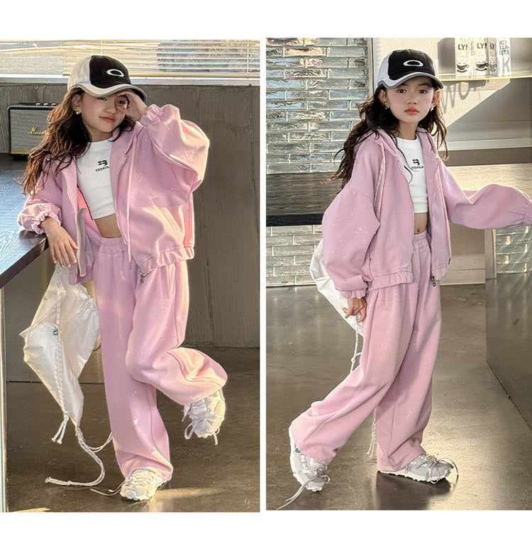 Girls' knitted style, fashionable hooded sweatshirt, internet celebrity fashion, sports and leisure two-piece suit