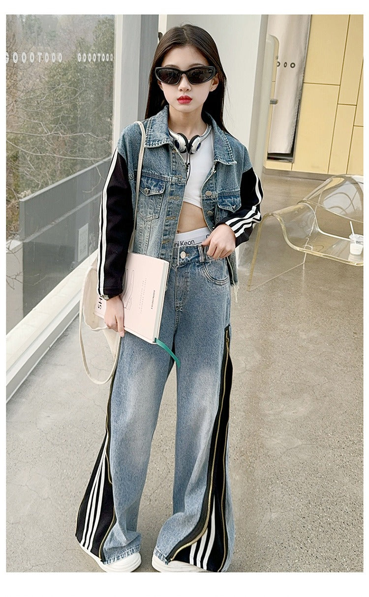 Girls denim suits new styles for middle and large children, hot girls, street style, spliced jacket and jeans two-piece suit