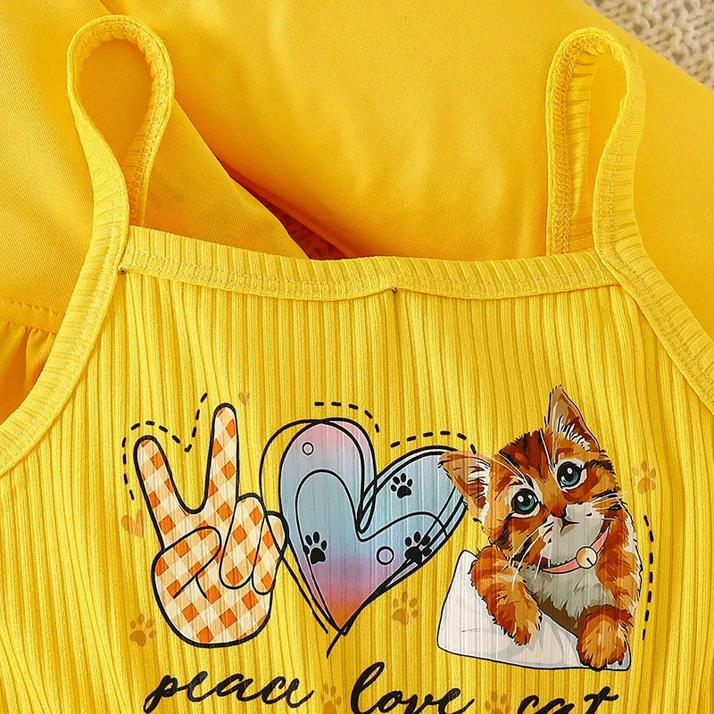 cute cat print bow hollow skirt two-piece suspender skirt