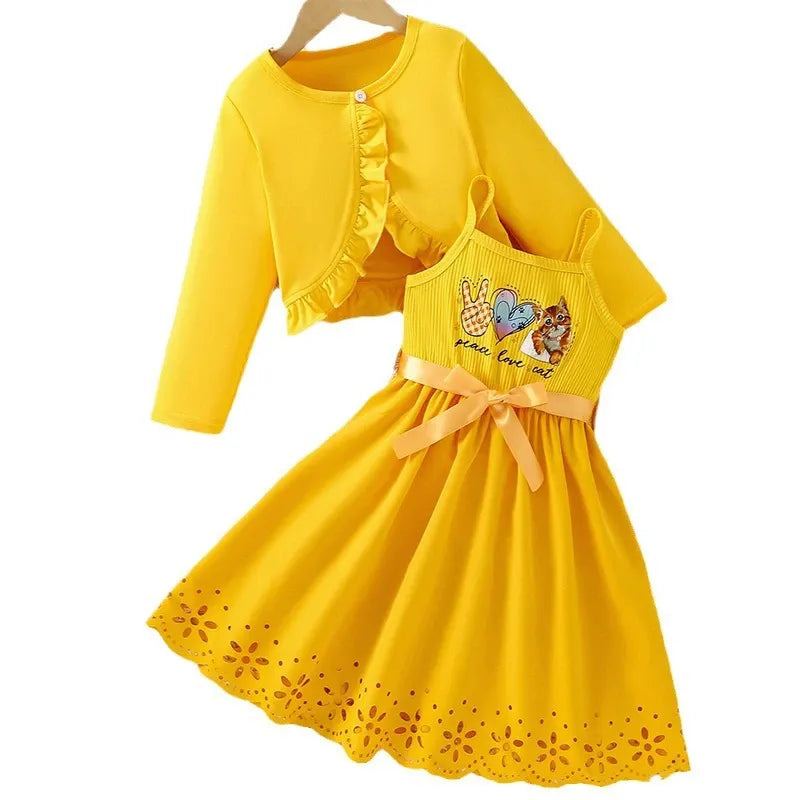 cute cat print bow hollow skirt two-piece suspender skirt