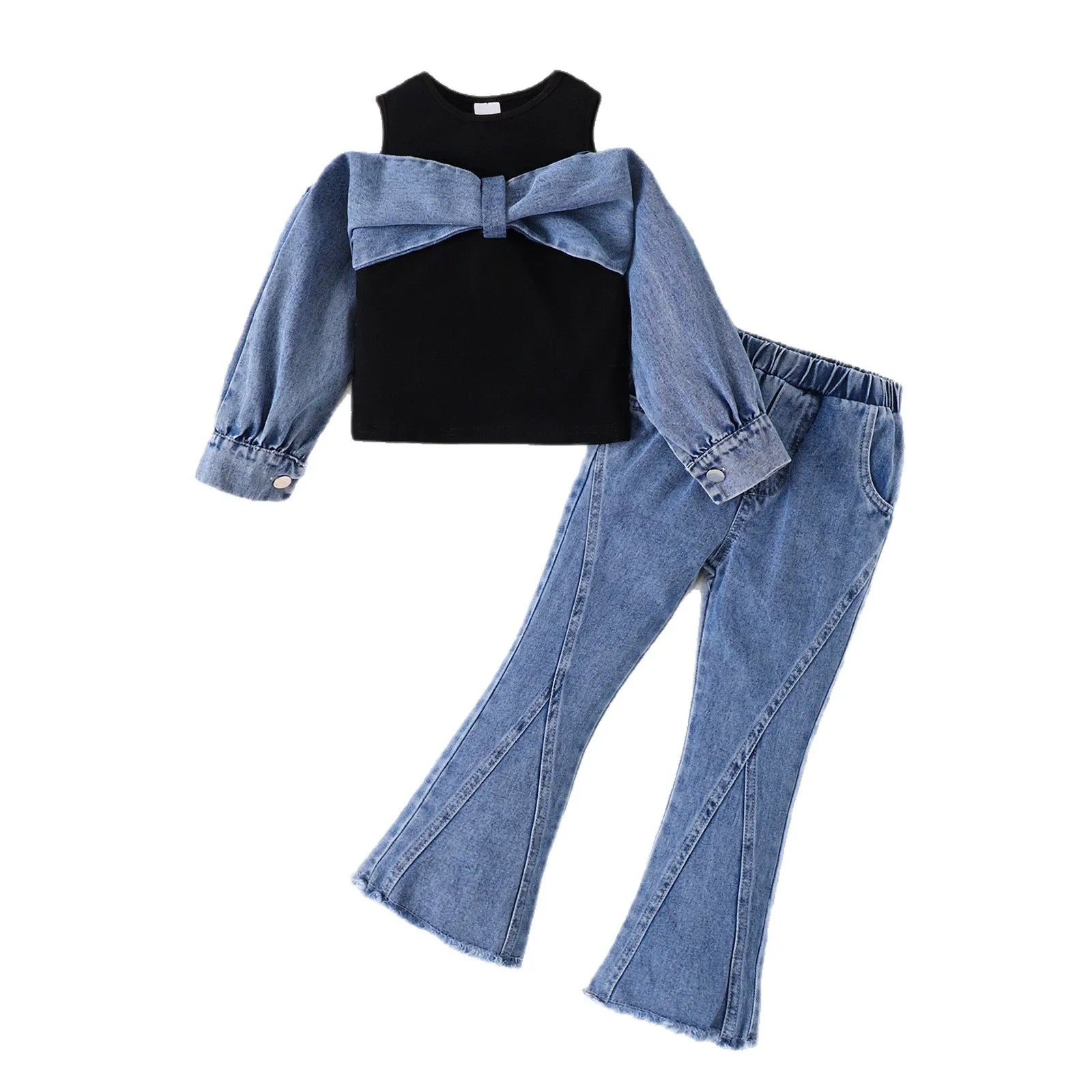 Two-piece tops with flared denim trousers two-piece set