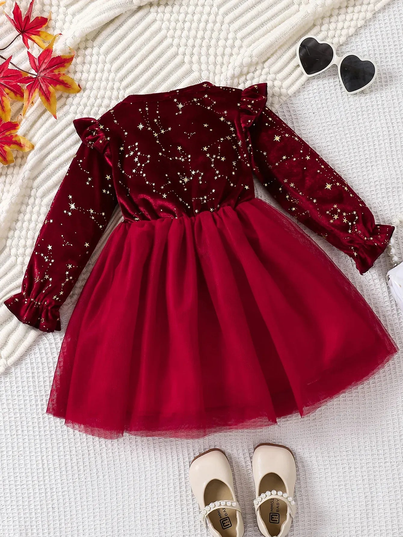 Toddler Girl Party Dress Autumn Winter 1-8 Years Children Christmas And New Year Princess Dress Red Velvet Gown Stars Mesh Dress