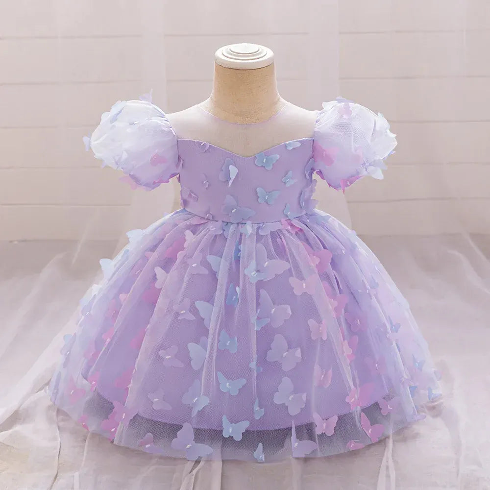 Toddler Girl Party Dress Colorful Gradient 3D Butterfly Prom Gown Girl Bow Lace Birthday Wedding Princess Summer Dresses Evening