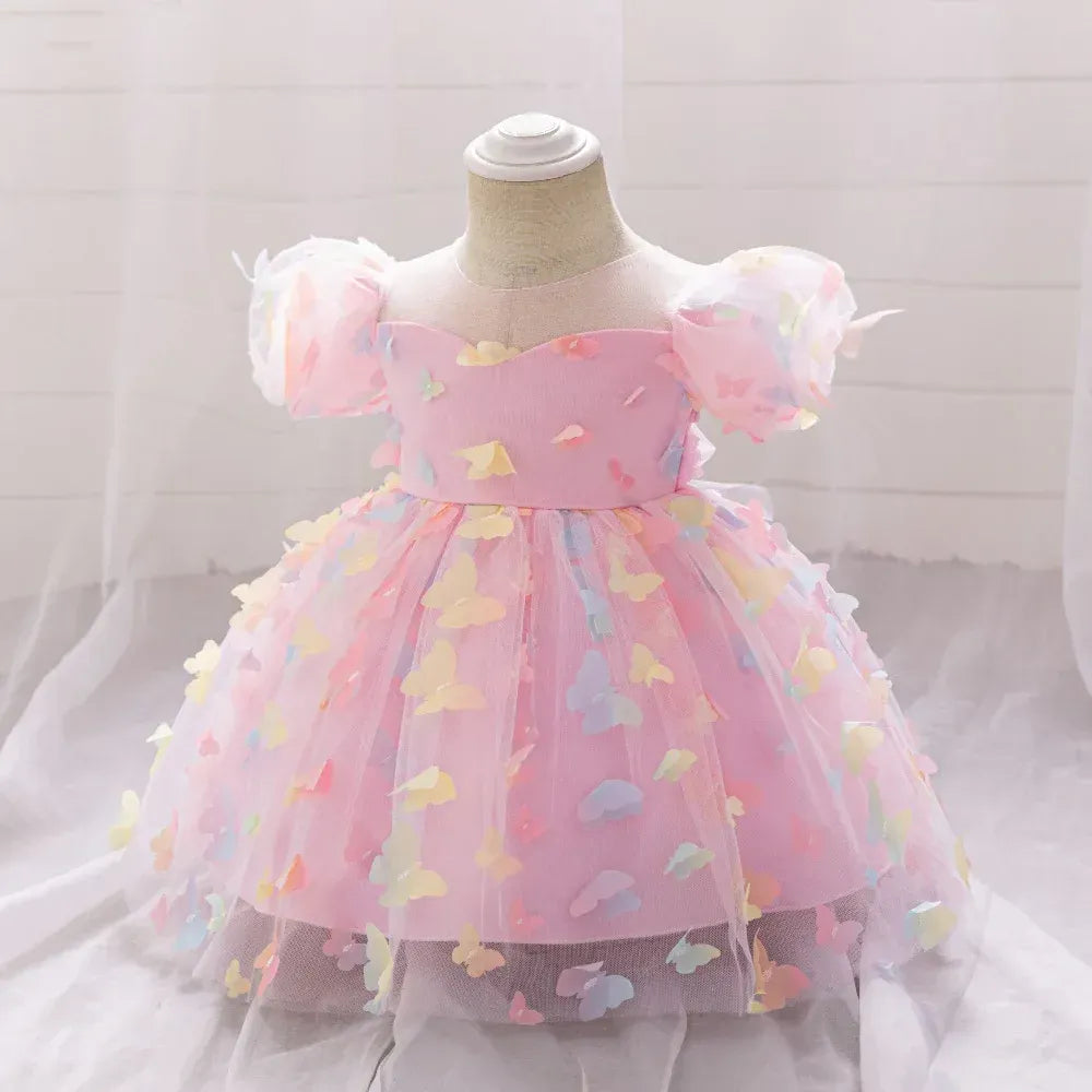 Toddler Girl Party Dress Colorful Gradient 3D Butterfly Prom Gown Girl Bow Lace Birthday Wedding Princess Summer Dresses Evening